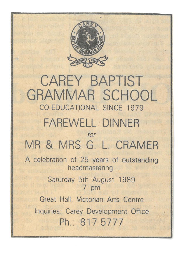Notice advertising the farewell dinner for Mr and Mrs G. L. Cramer, 1989