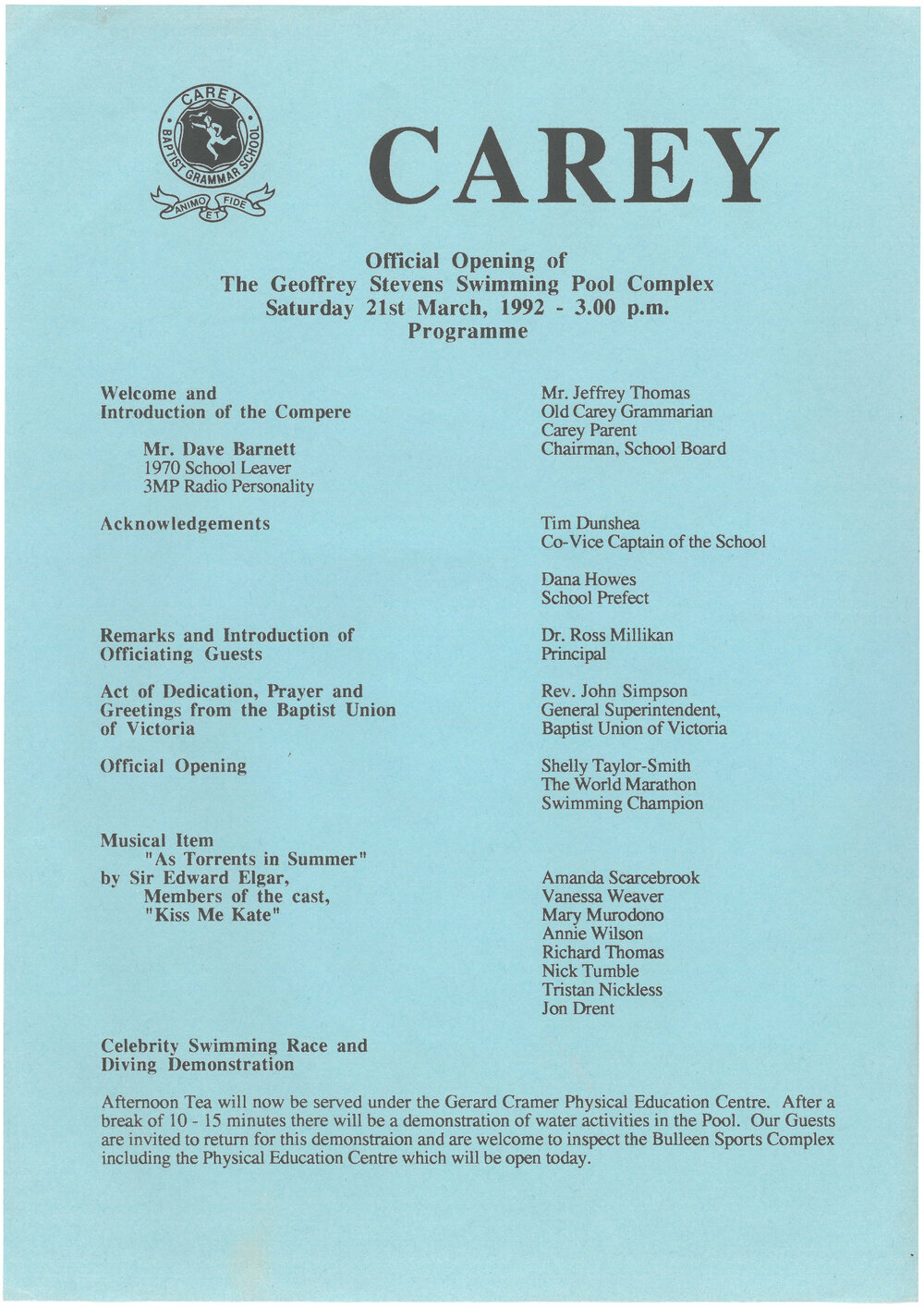 Opening of Geoffrey Stevens Swimming Pool Complex programme, 1992