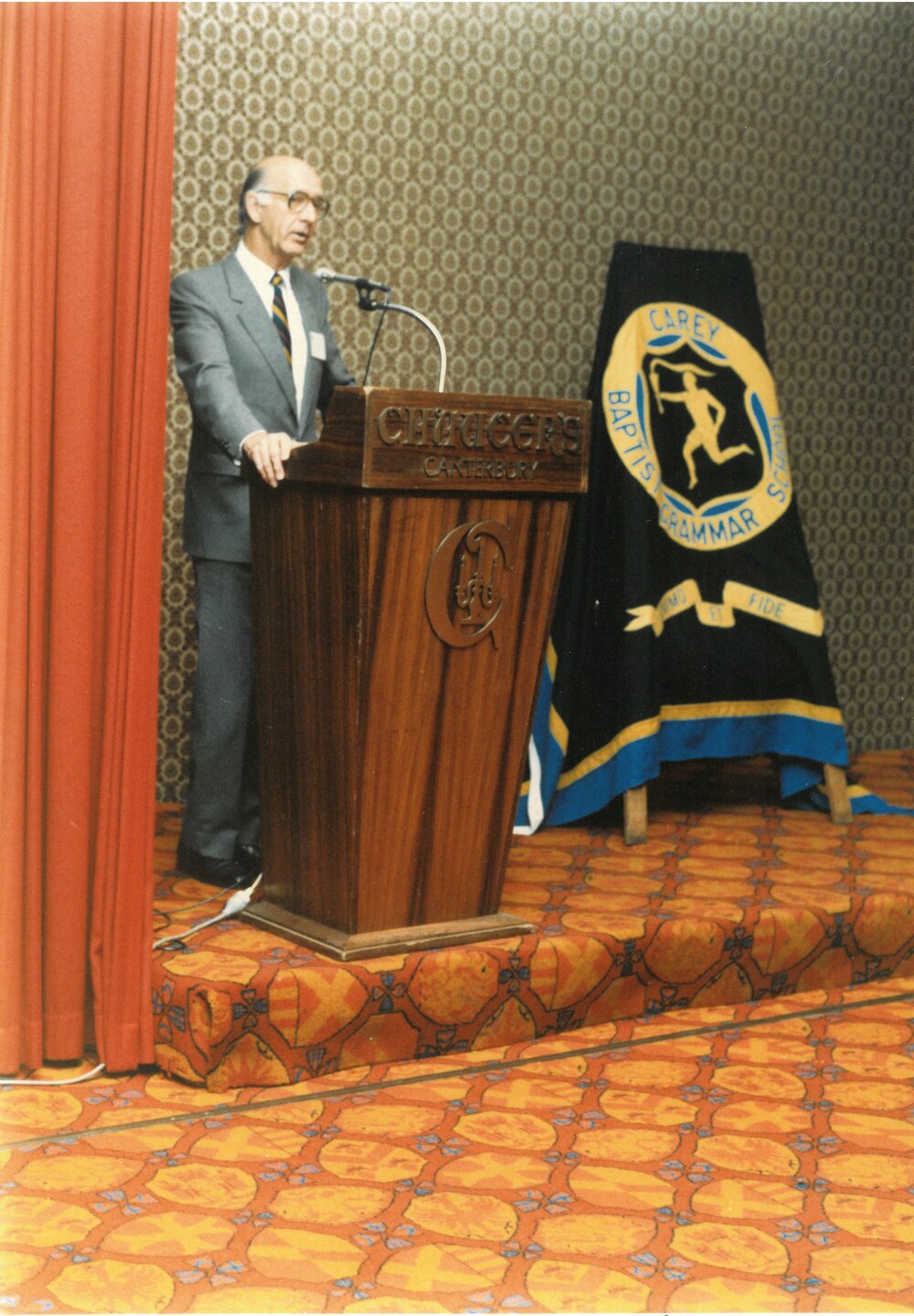 Gerard Cramer addressing audience at the appeal launch for Physical Education facilty at Bulleen, 1984