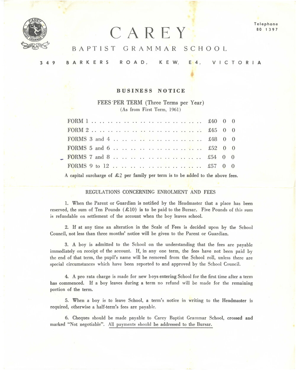 Carey Baptist Grammar School fees schedule, 1961