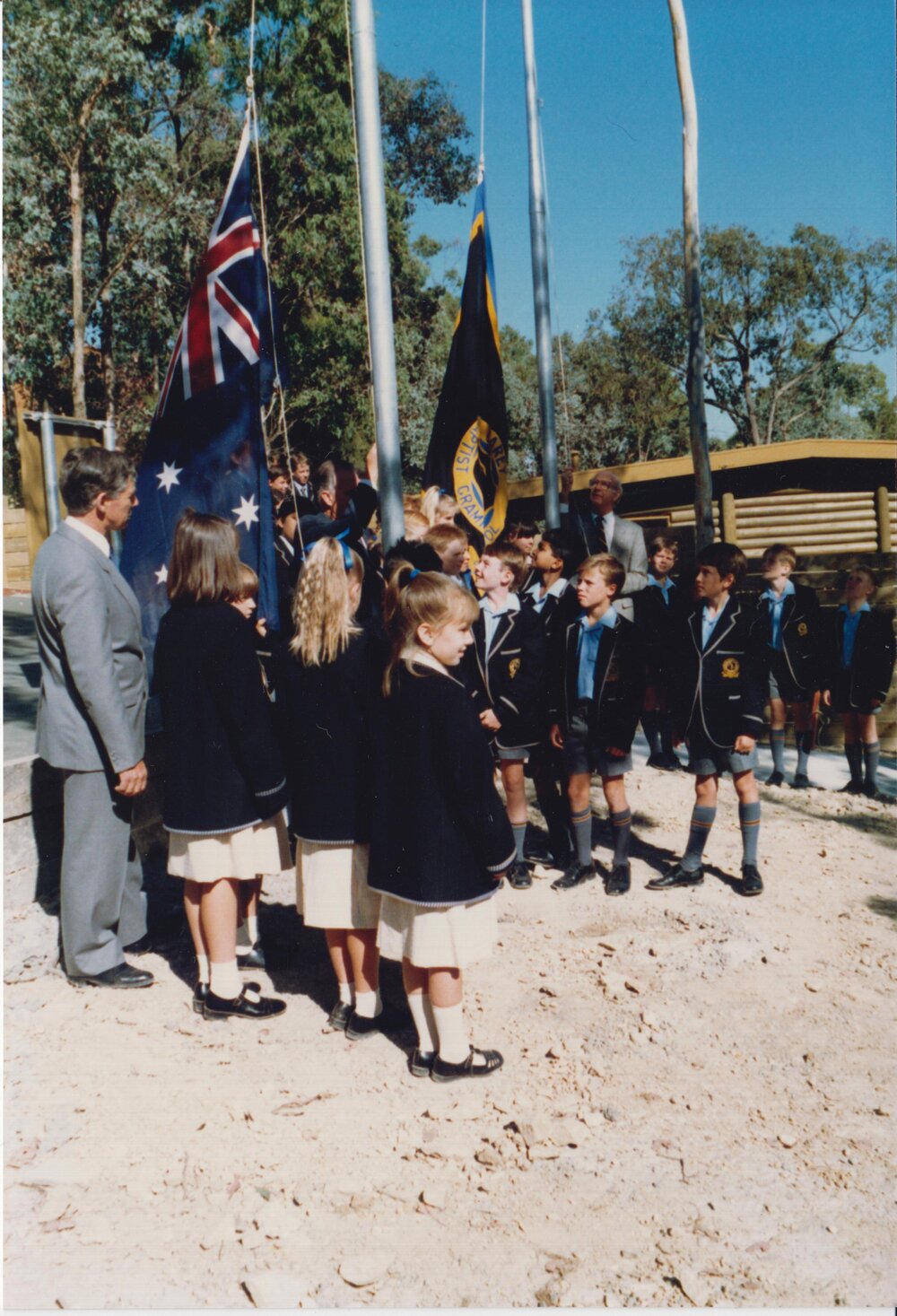 Raising the Carey and Australian flags at Donvale, 1989