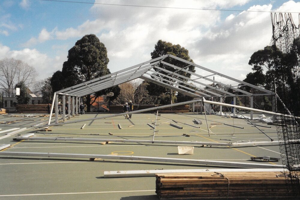 Setting up marquee for OCGA event on Macafee Courts, 1998