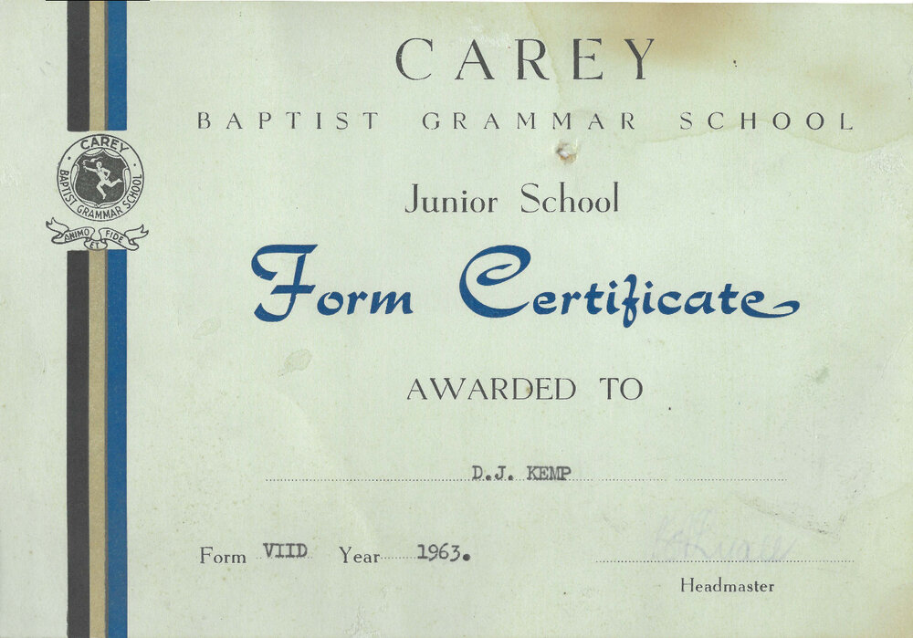 Junior School form certificate, 1963
