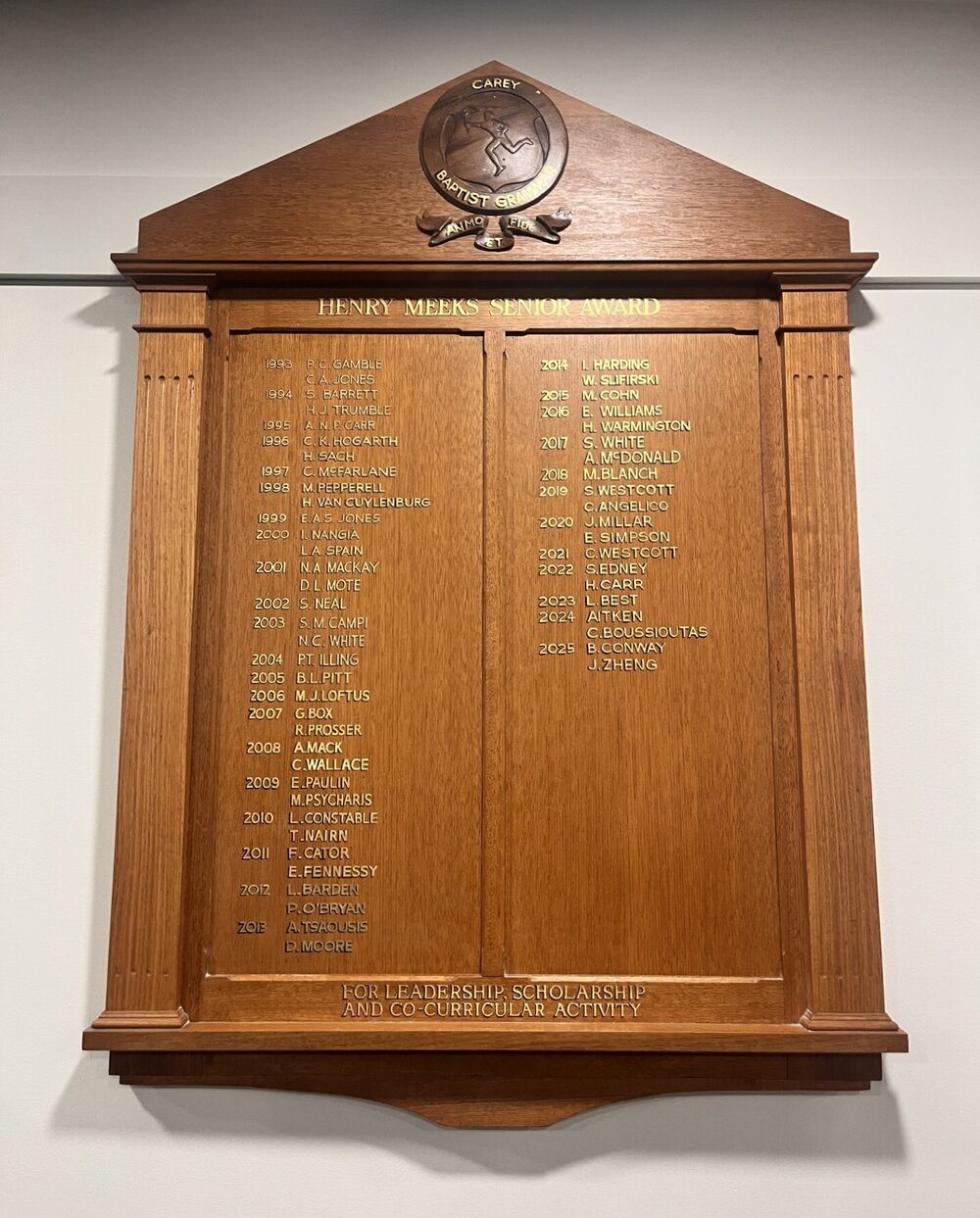 Henry Meeks Senior Award honour board, 1993 to present