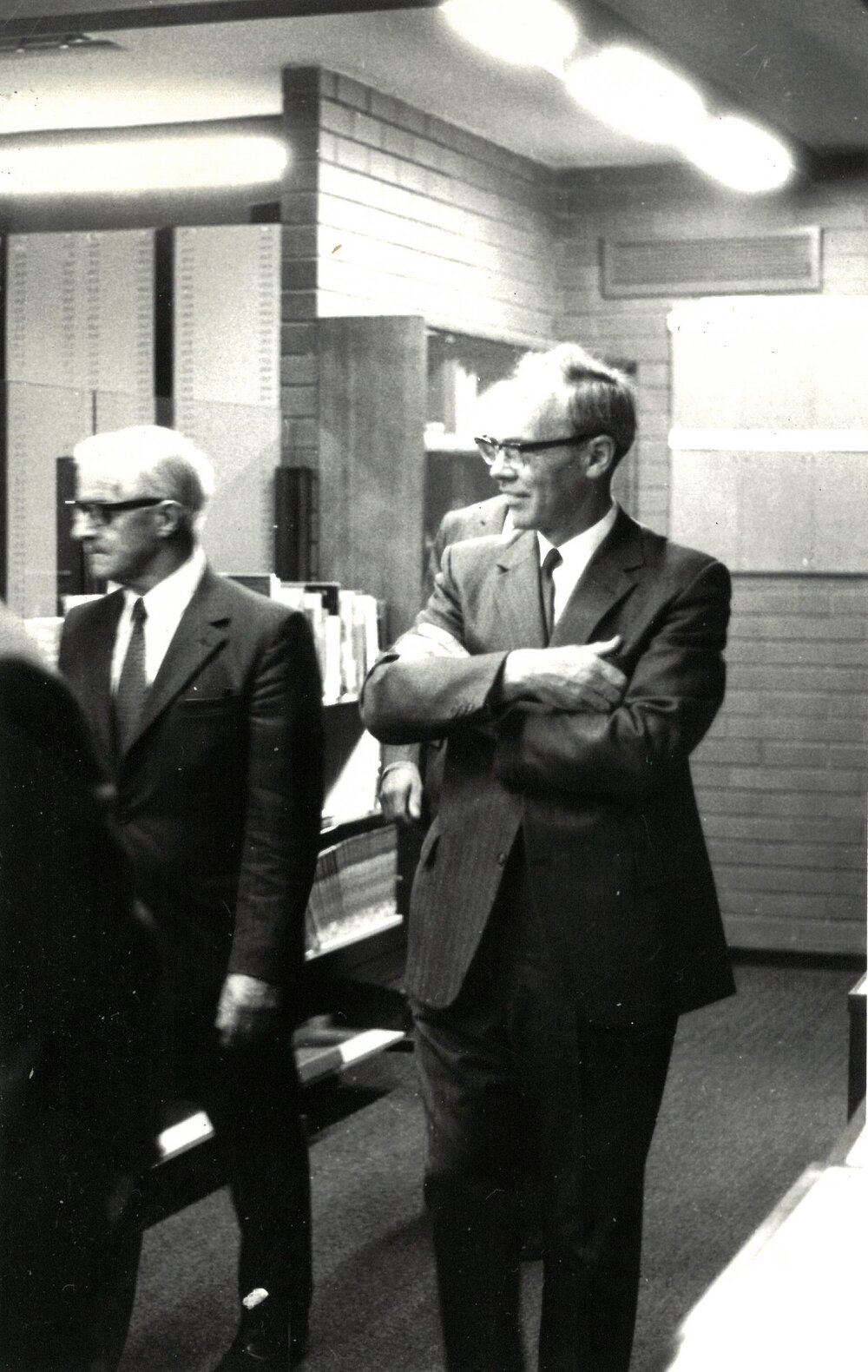 Norman Howie and Alan Barber touring the Mellor Library, 1973