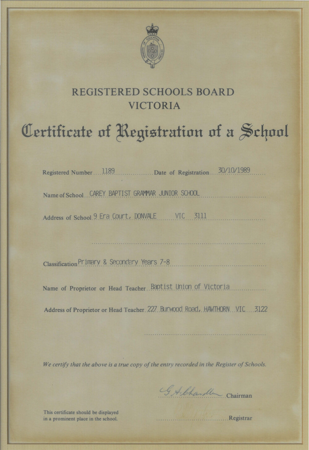Certificate of registration of a school, 1989