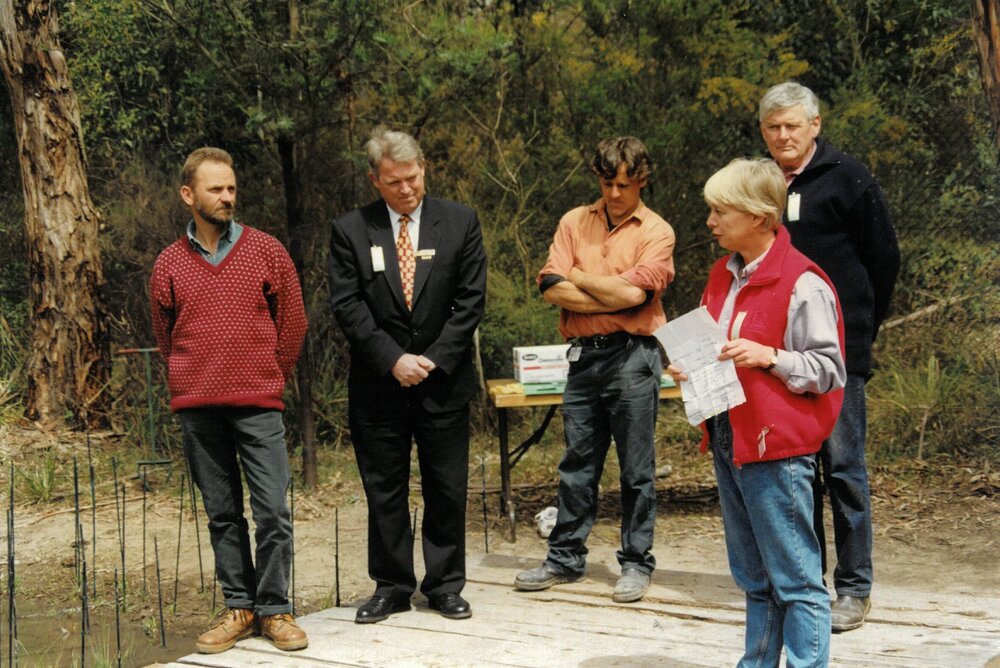 Dr Helen Telford addressing guests at opening of the Donvale Wetlands Area, 1997