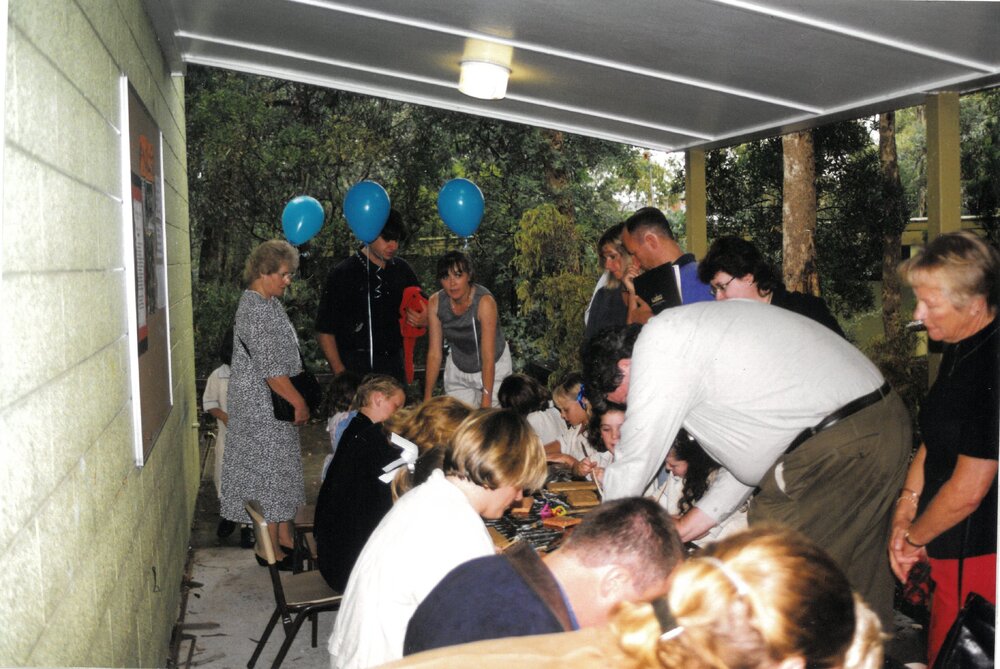 Workshop for visitors to participate in the making of the Poetry Path, 1995.