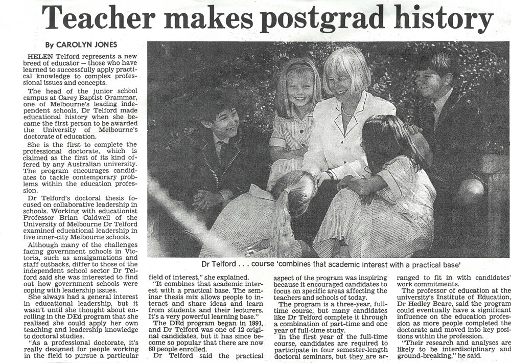 Teacher makes postgrad history, 1994