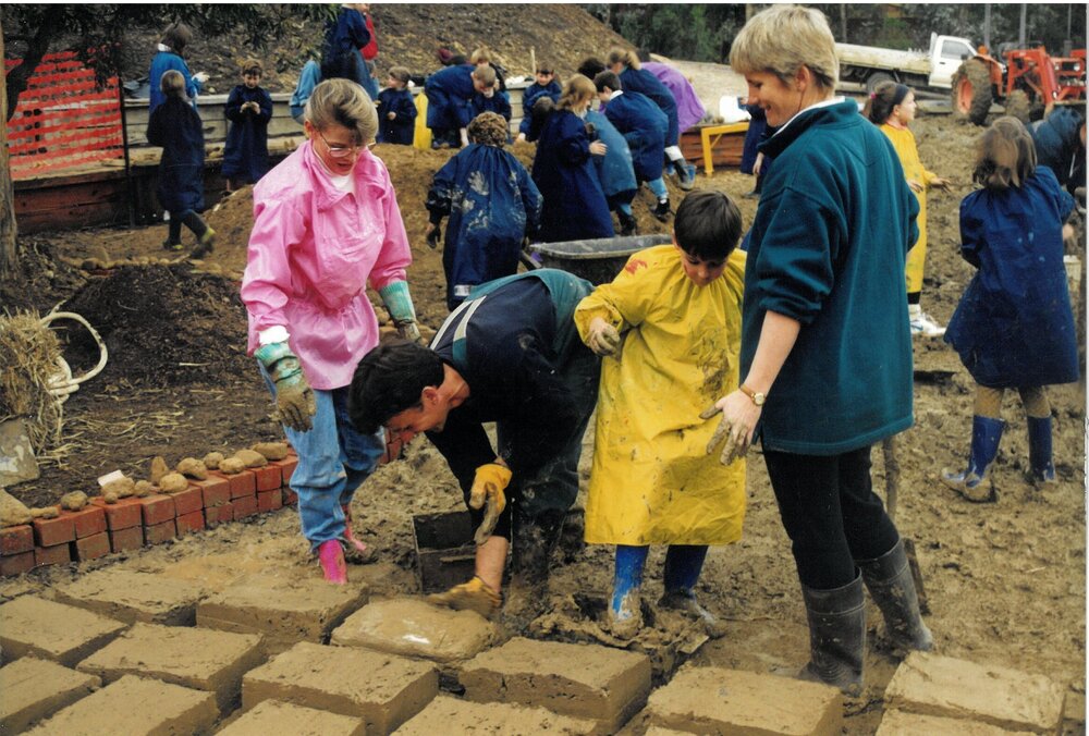 Creating mud brick castle at Donvale campus, 1996