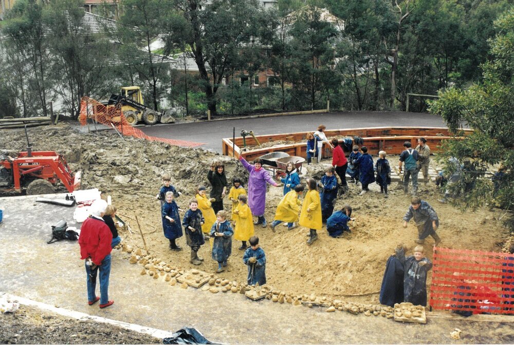 Creating mud brick castle at Donvale campus, 1996