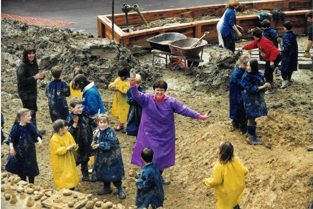 Creating mud brick castle at Donvale campus, 1996