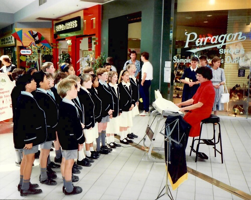 Donvale students performing at The Pines Shopping Centre, 1992