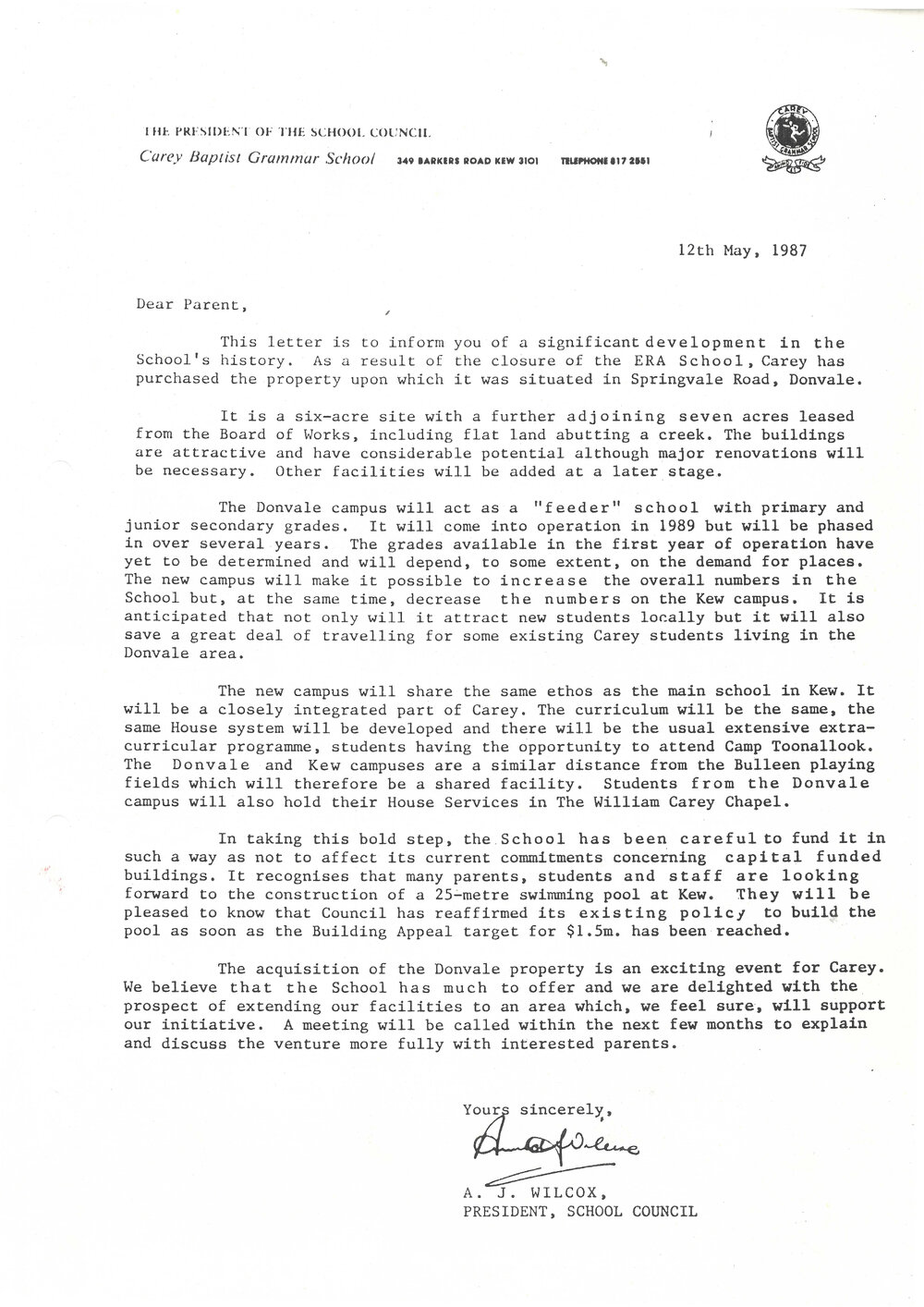 Letter to parents announcing the purchase of the Donvale campus, 1987
