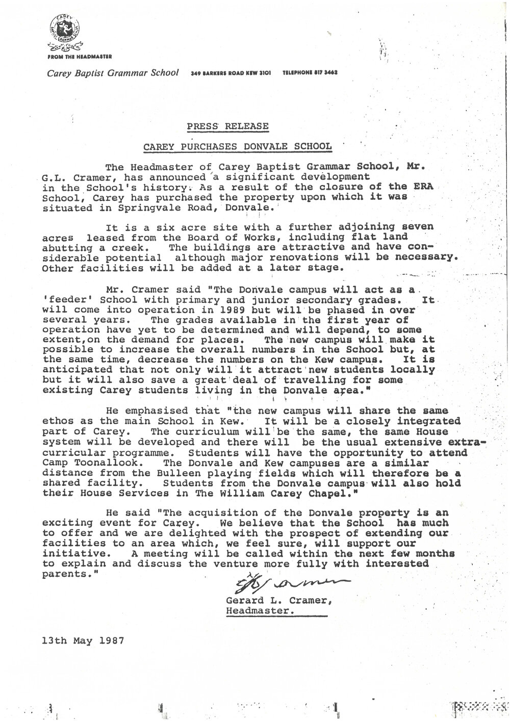 Carey purchases Donvale school, 1987