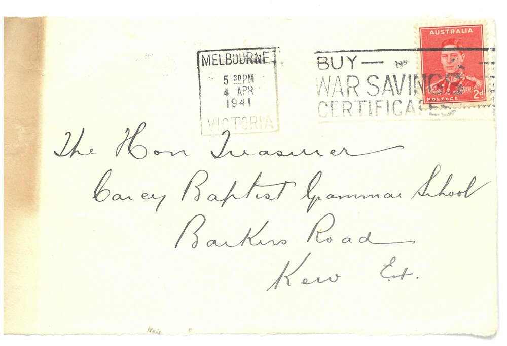 Envelope addressed to Carey Baptist Grammar School Treasurer, 4 April 1941
