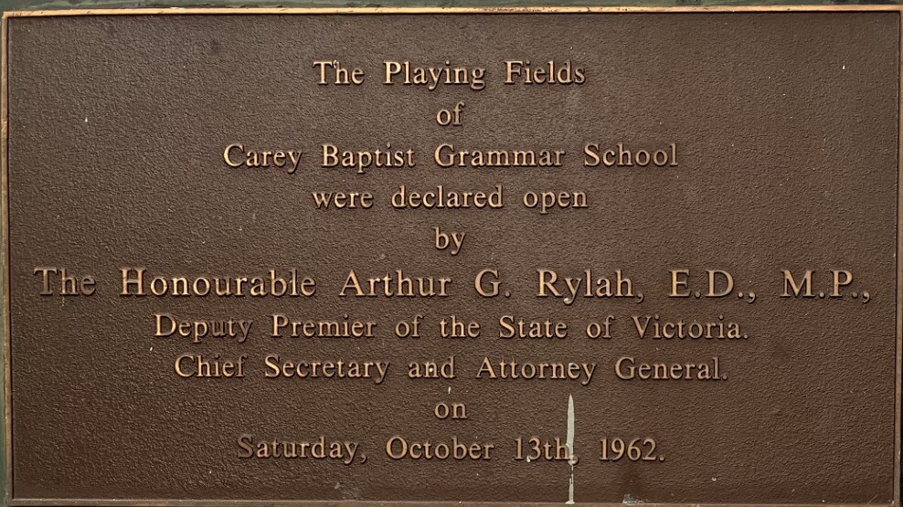 The Playing Fields&nbsp;of&nbsp;Carey Baptist Grammar School plaque, 1962