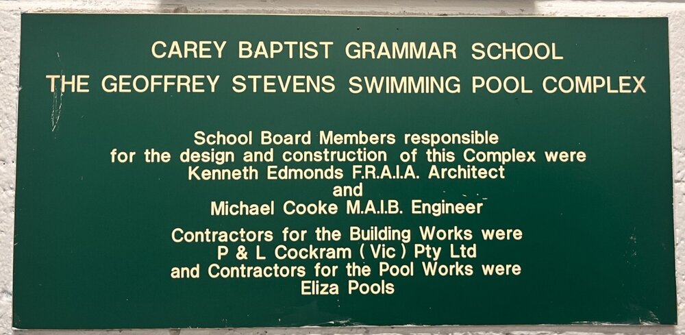 The Geoffrey Stevens Swimming Pool Complex plaque, circa 1992