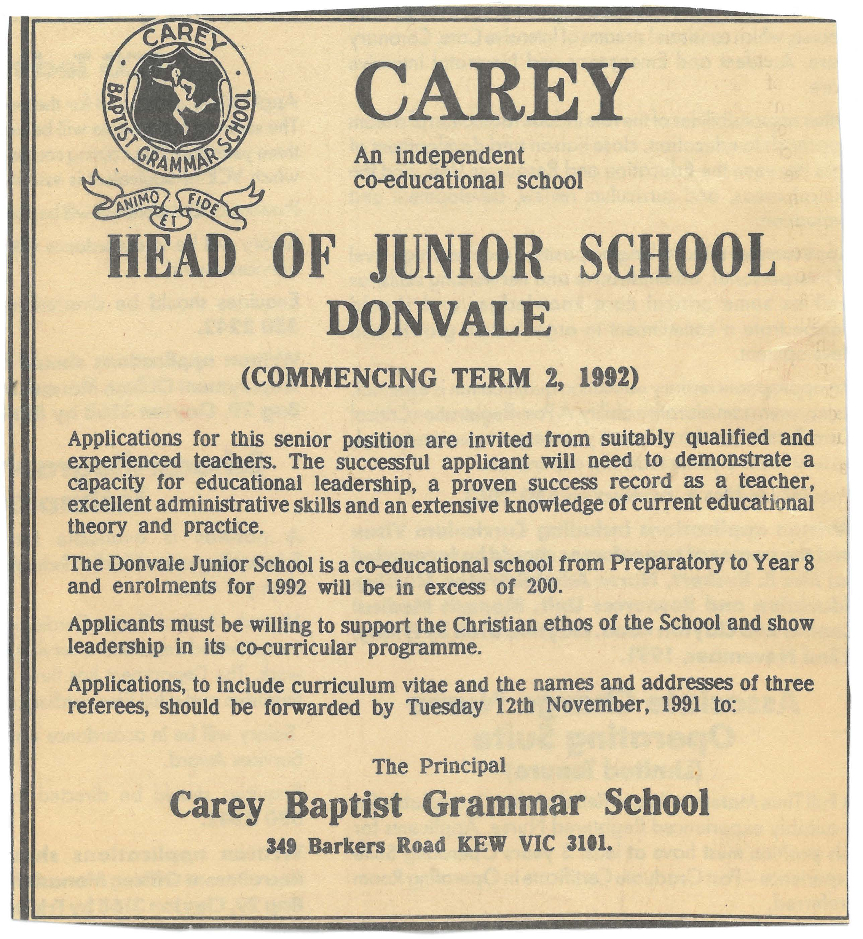 Advertisement for Head of Junior School Donvale, 1991