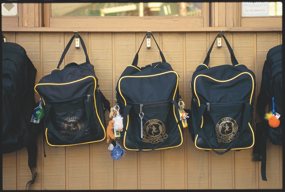 School bags on hooks at Donvale, 2002