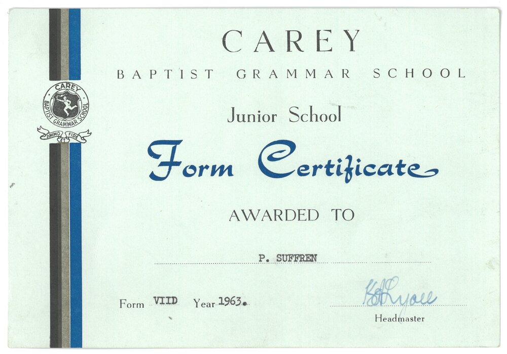 Junior School form certificate, 1964