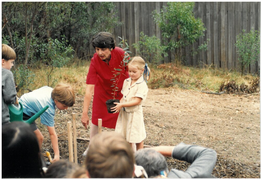 Dr Shirley Allen and students tree planting, 1990s