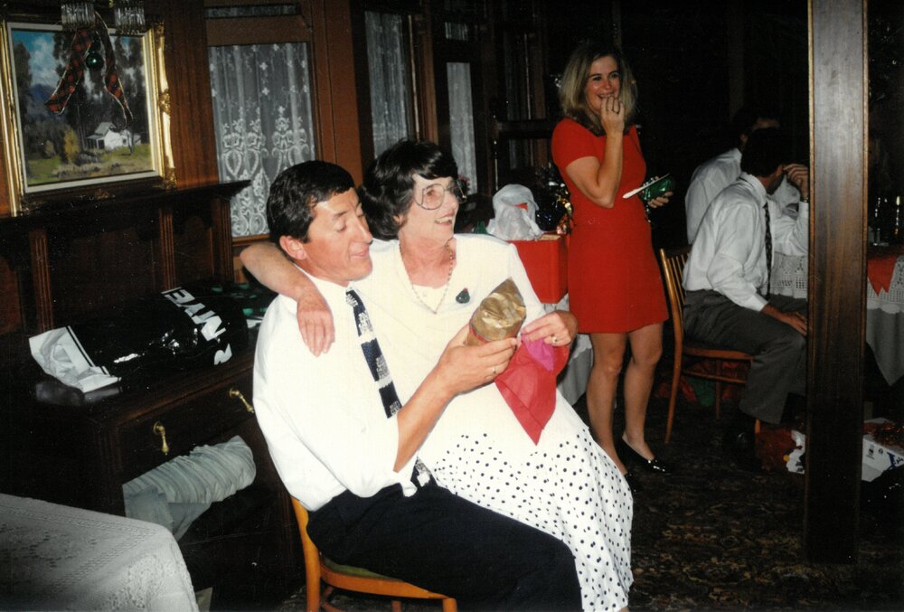 Shirley Allen and Jon Abbott at Donvale staff Christmas party, 1990s