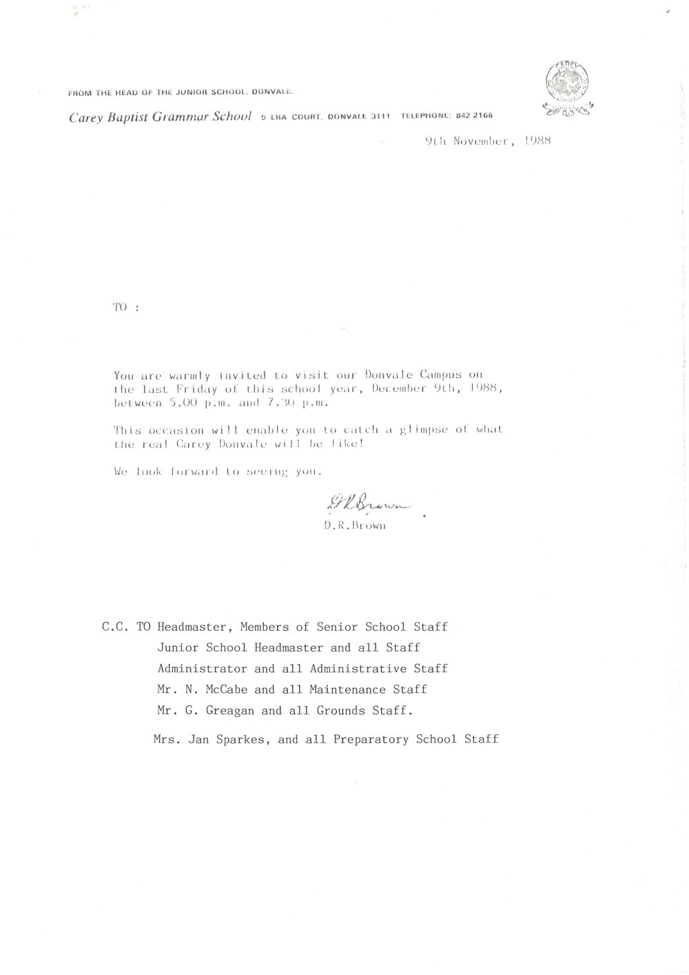 Letter of invitation to Donvale Open Day, 1988