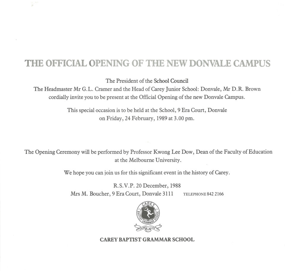 Invitation to the official opening of the new Donvale campus, 1989
