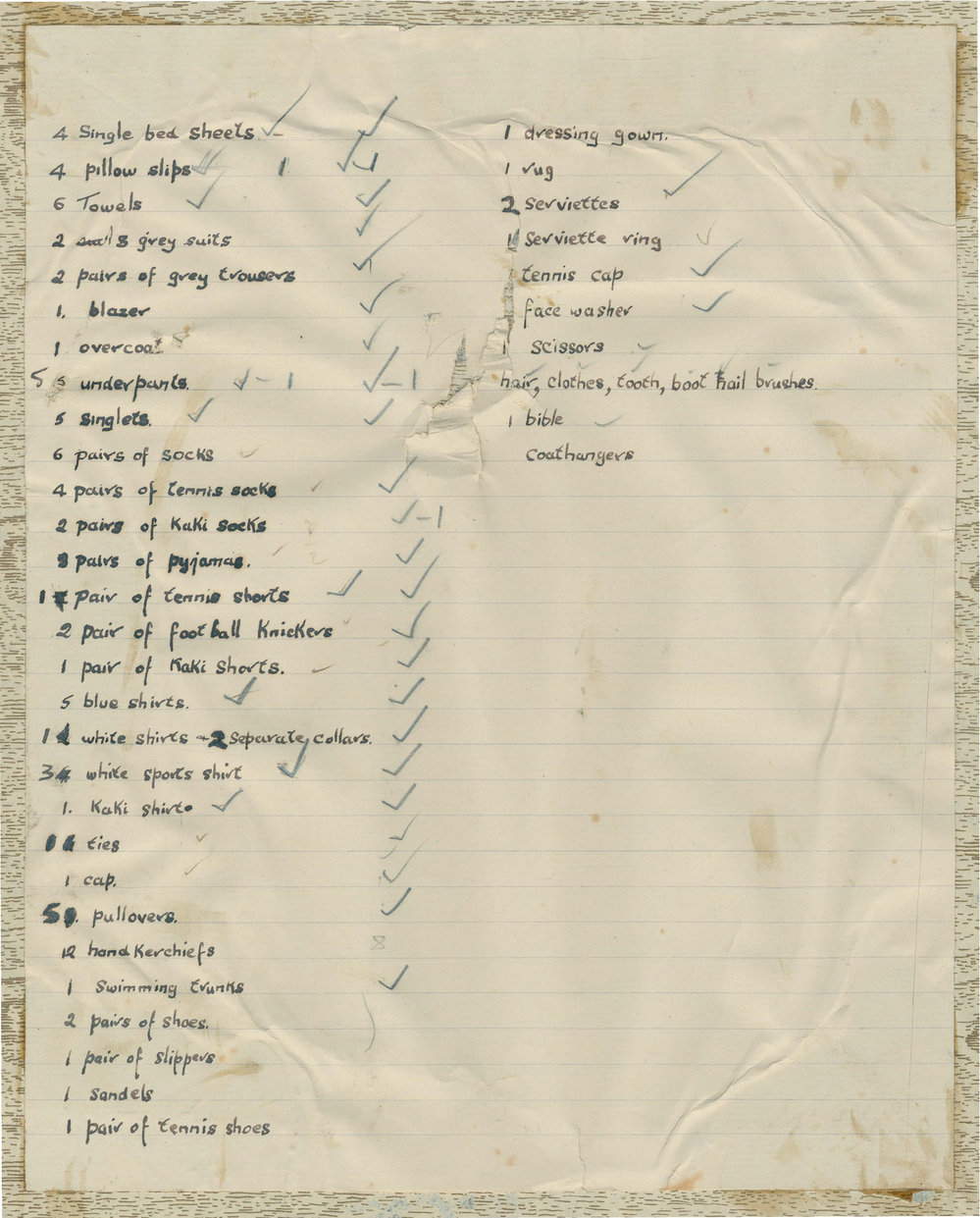 Boarders' clothing list, 1948