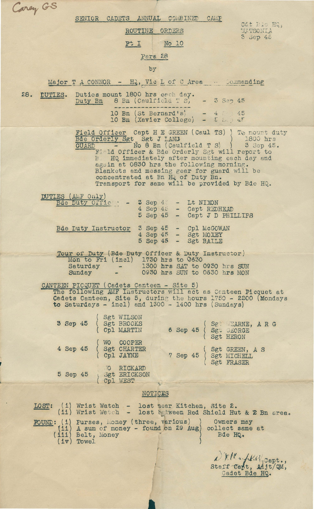 Senior cadets camp notice, 1945