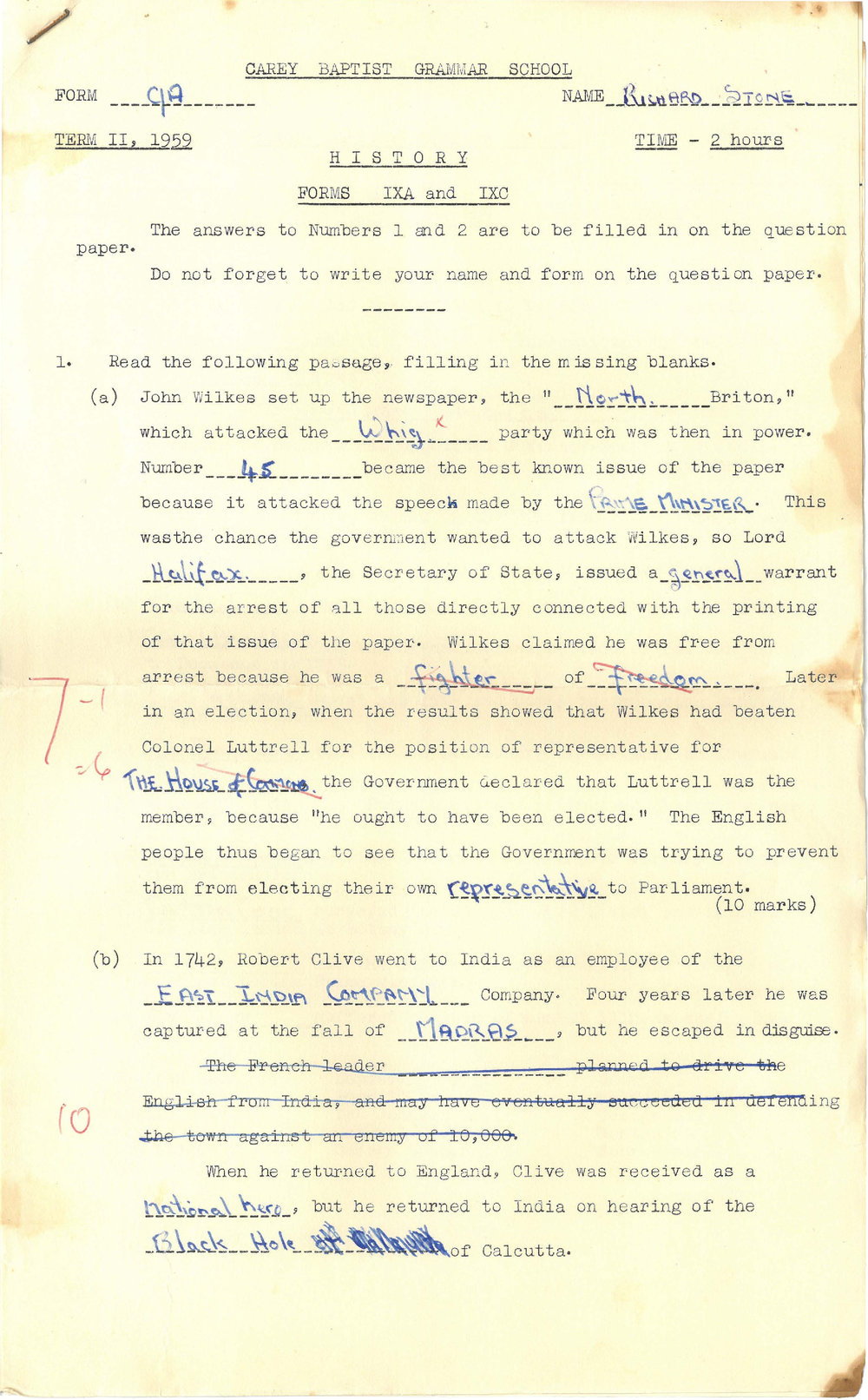 Forms IXA and IXC history exam, 1959