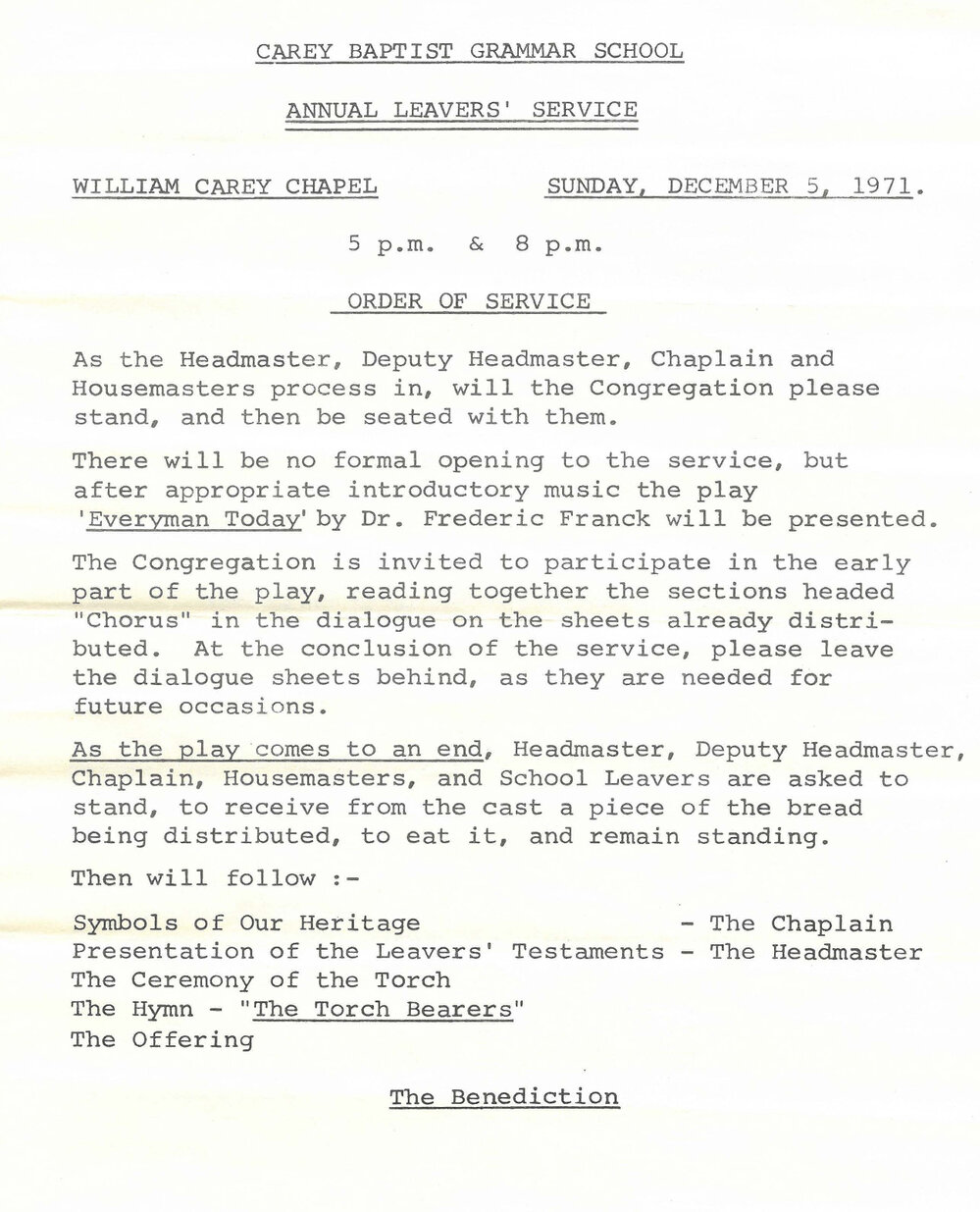 Programme for annual leavers' service, 1971 