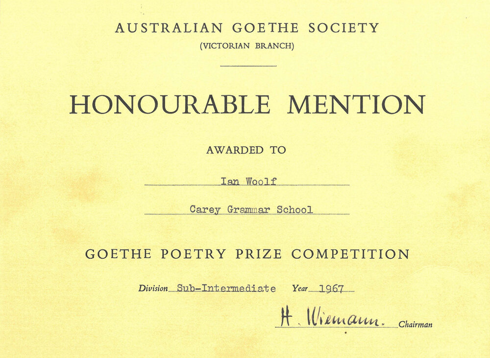 Goethe Poetry Prize Competition certificate, 1967