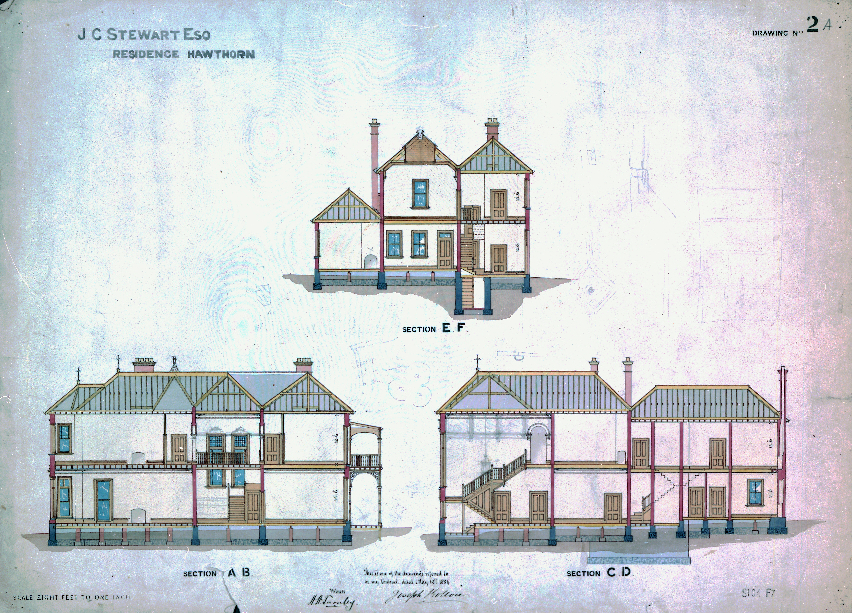 Hawthorn residence for J. C. Stewart Esq. showing section plans, 1884