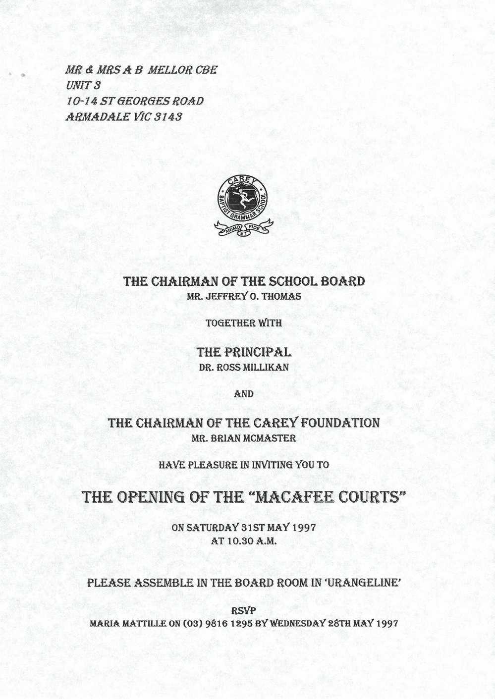 Invitation to the opening of the Macafee Courts, 1997
