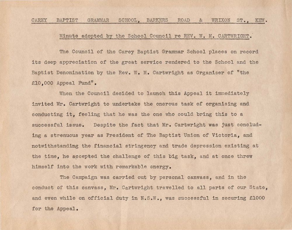 Minute adopted by the School Council re Reverend W. M. Cartwright, 1925