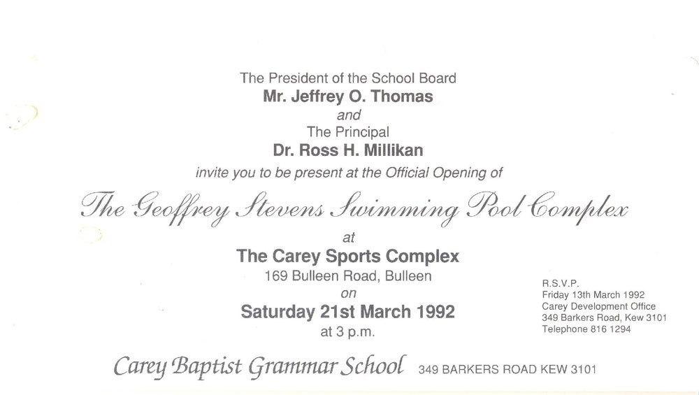 Invitation to the opening of the Geoffrey Stevens Swimming Pool Complex, 1992