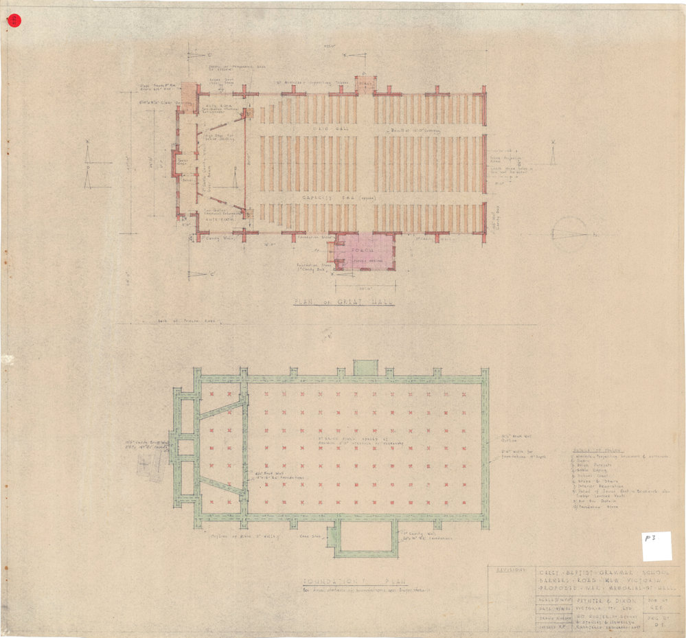Drawing of the interior layout of the Memorial Great Hall, 1954
