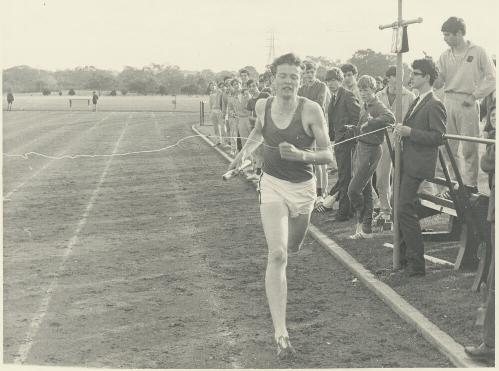 John Lewis (Newnham House) winning 850 yard race at House athletics, 1968