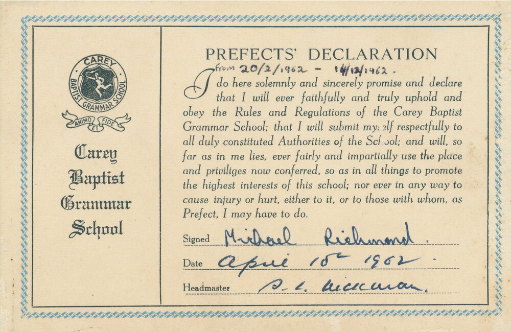 Michael Richmond's prefects' declaration, 1962