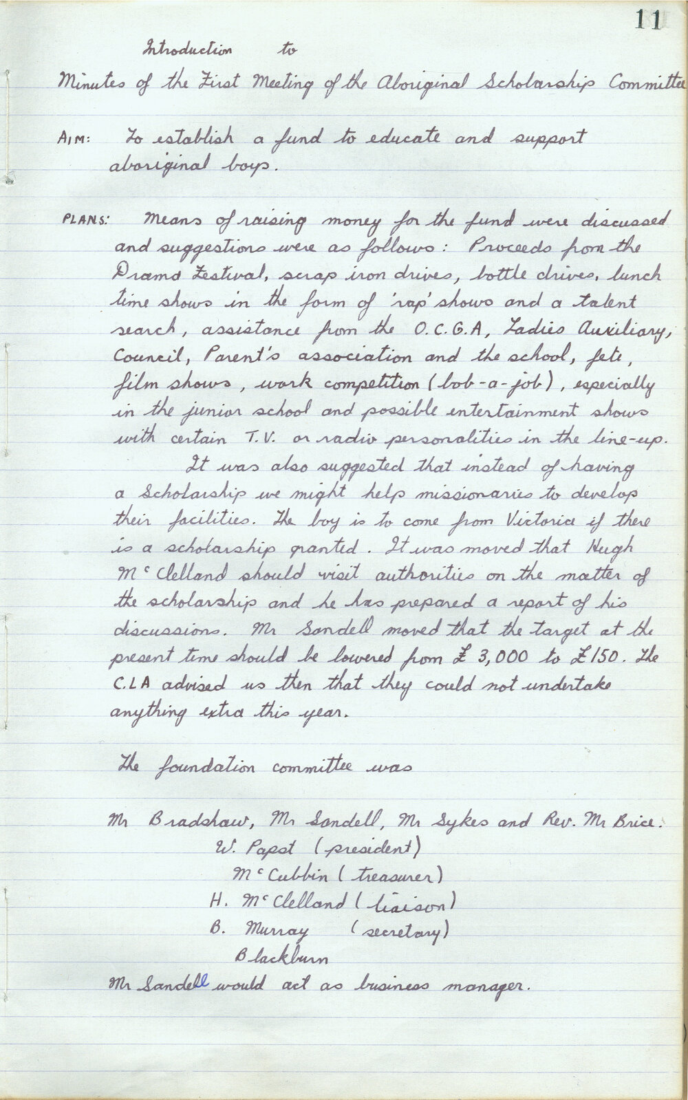 First page of the Carey Aboriginal Scholarship Committee minute book, 1960