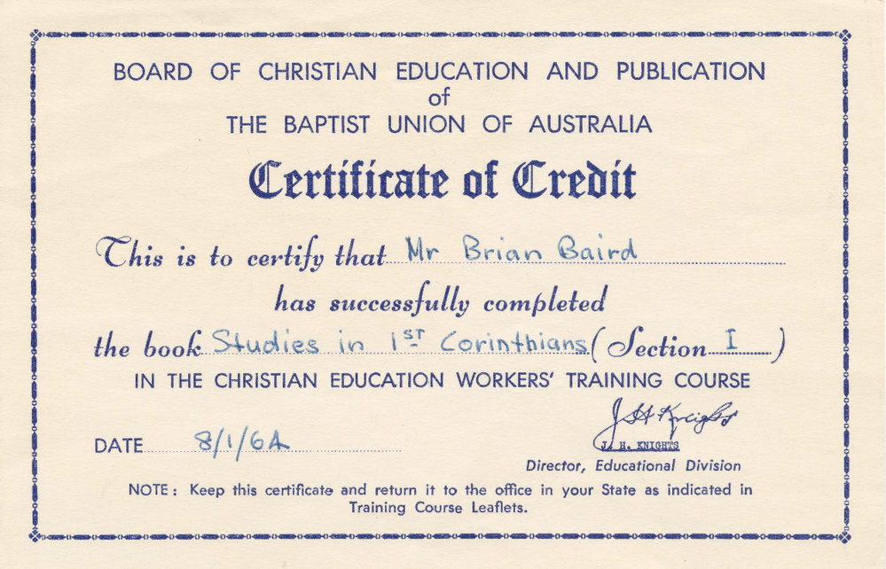 Certificate of Credit awarded to Brian Baird, 1964