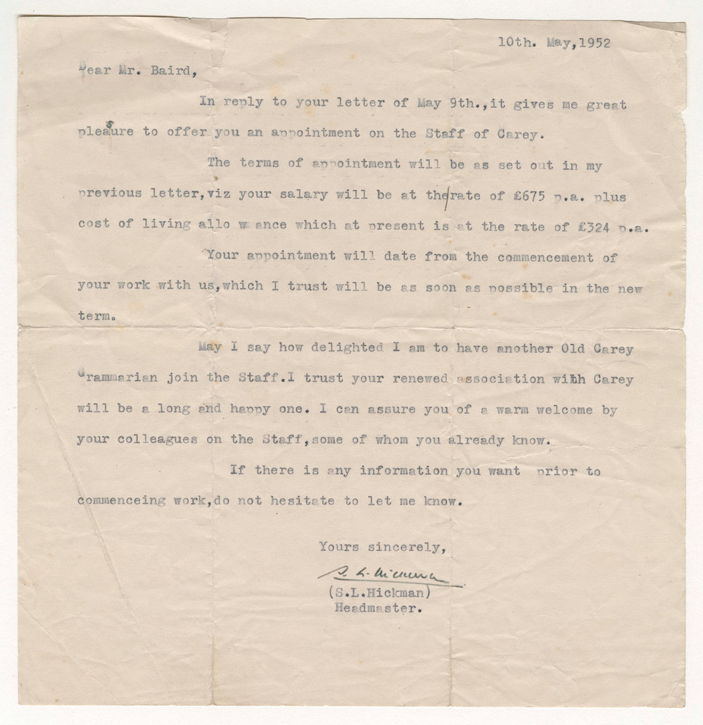 Letter of teaching appointment, 1952