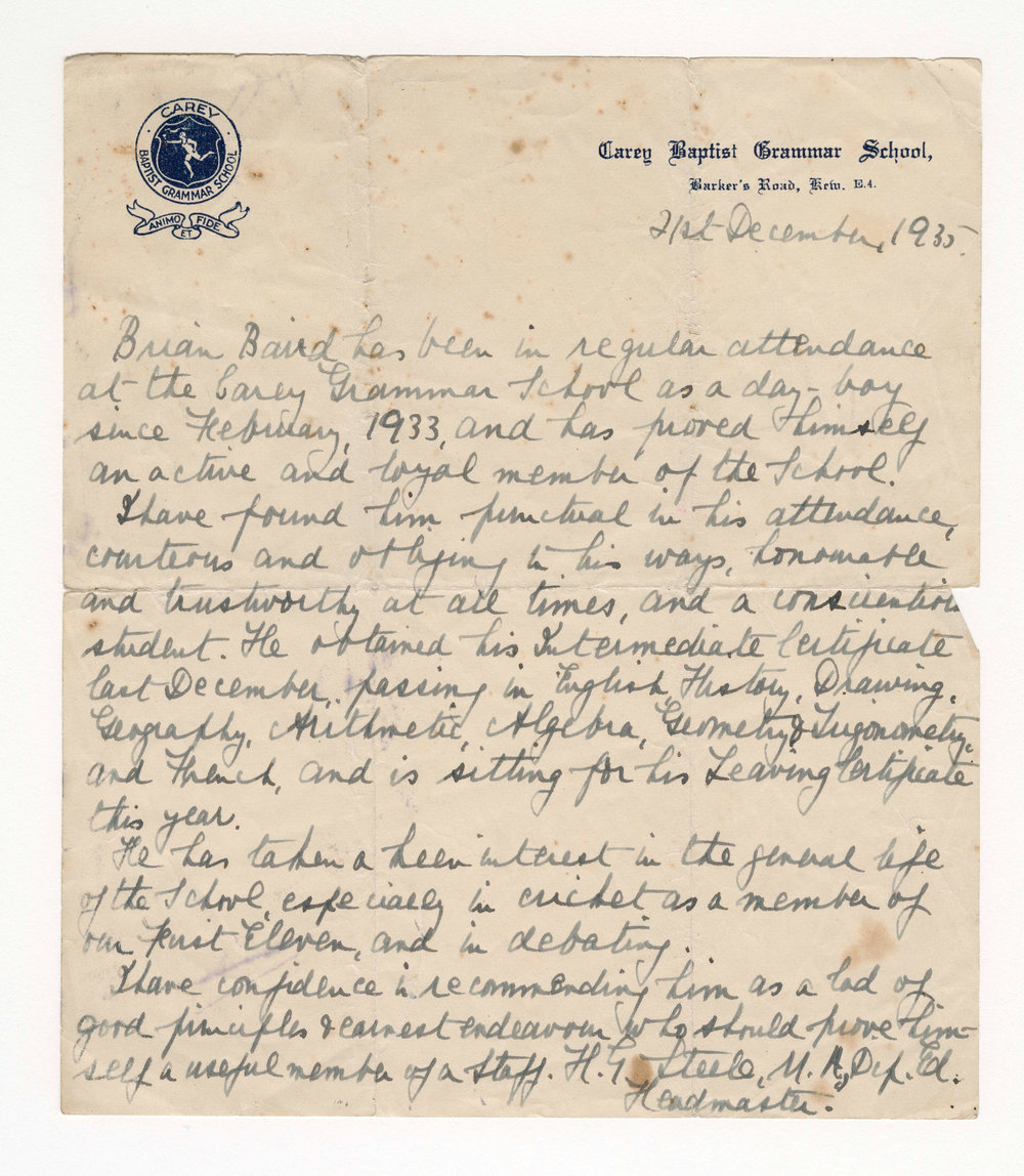 Letter of recommendation for Brian Baird, 1935