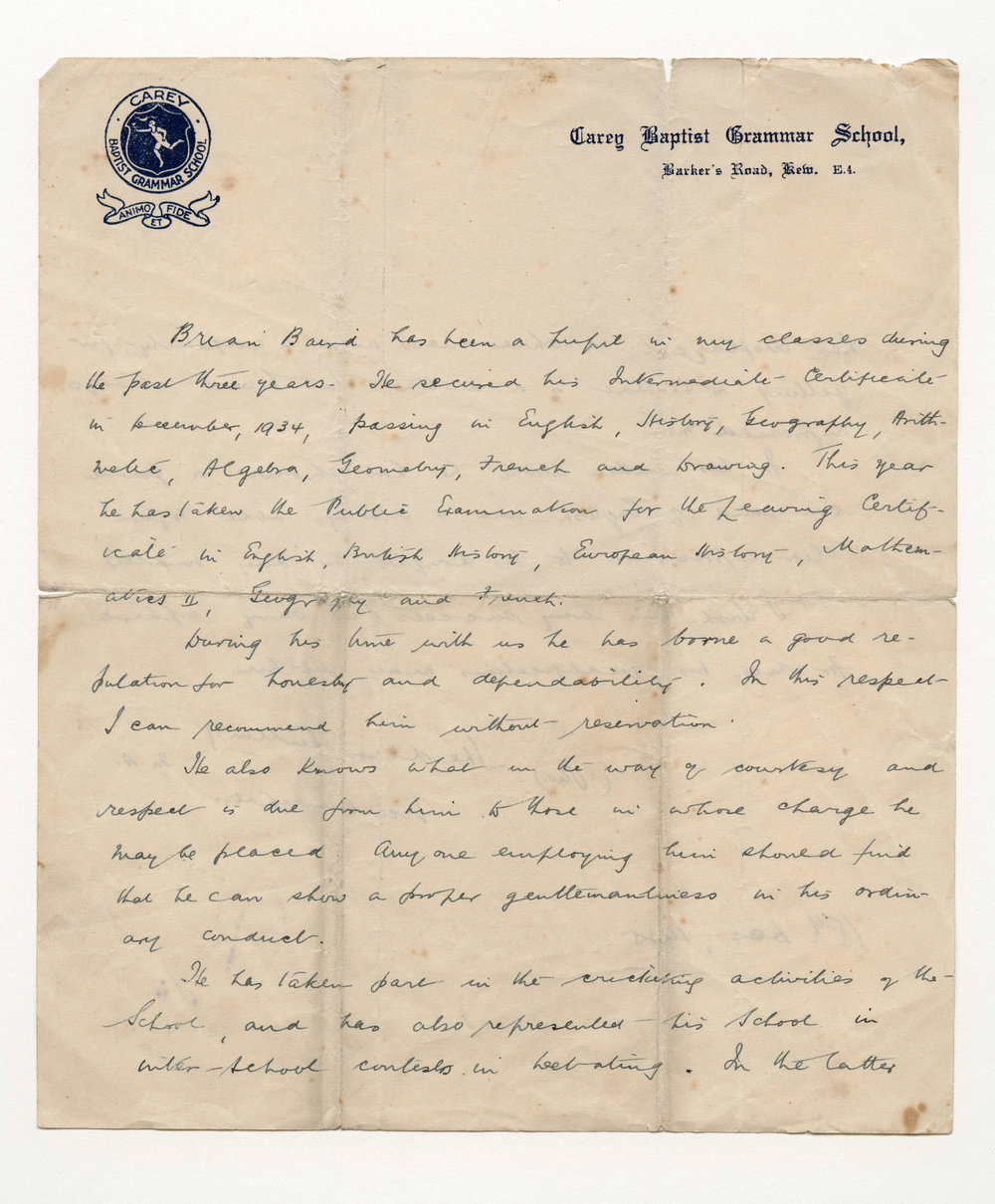 Letter of recommendation for Brian Baird, 1935