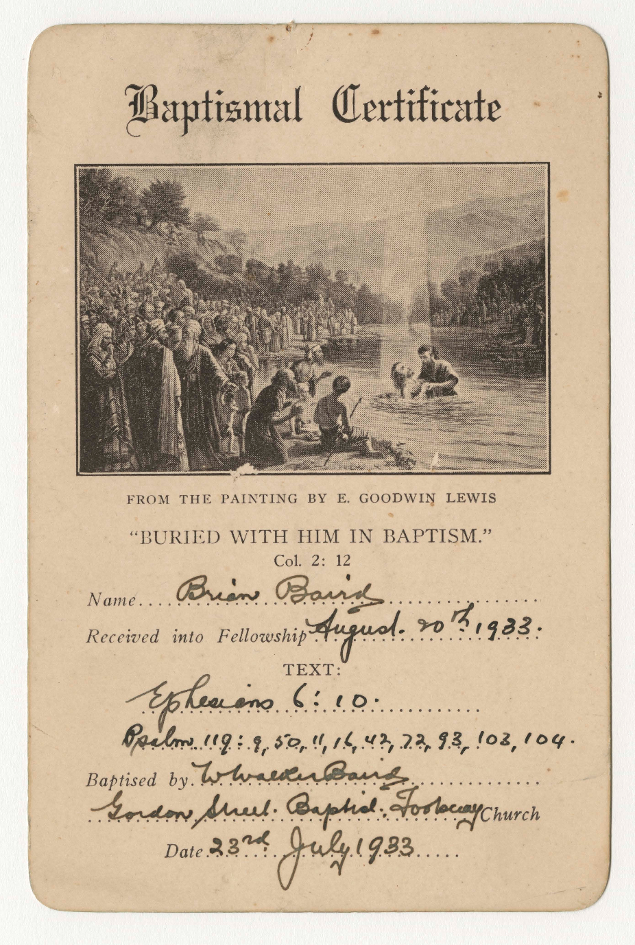 Baptismal certificate, 1933