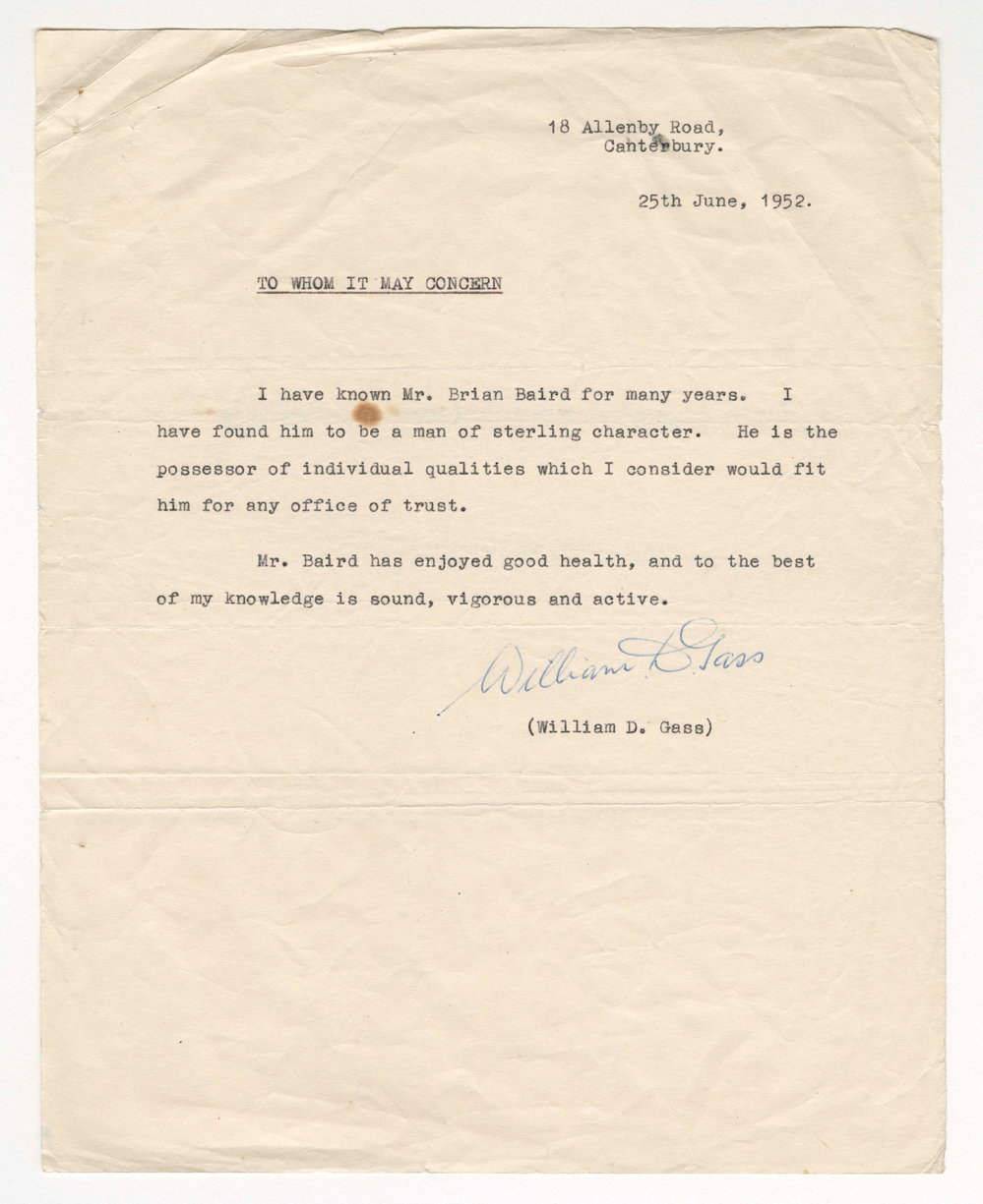 Letter of recommendation for Brian Baird, 1952
