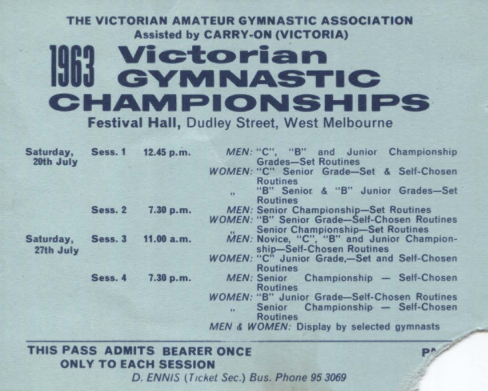 Ticket to the Victorian Amateur Gymnastics Championships, 1963