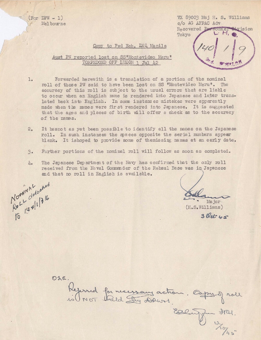 Australian POW reported lost on SS 'Montevideo Maru', 1945
